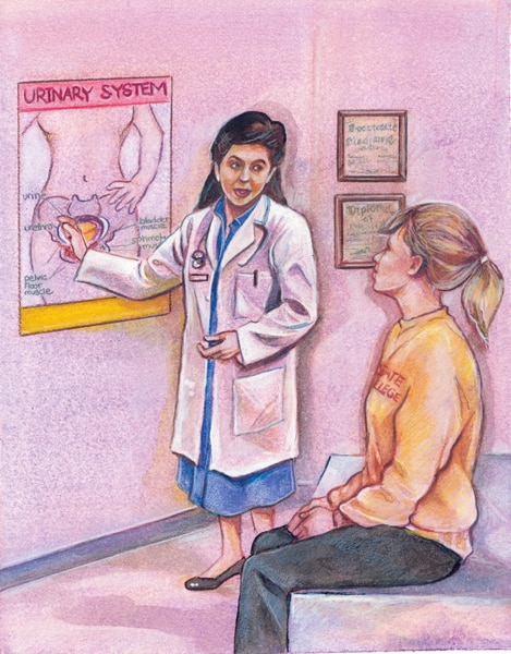 Drawing of a female doctor and a young female patient.