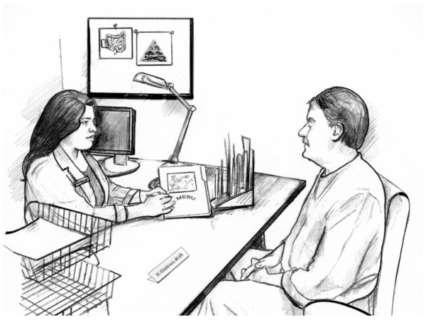 Drawing of female dietitian sitting at a desk explaining gluten-free menu plan to a male client.