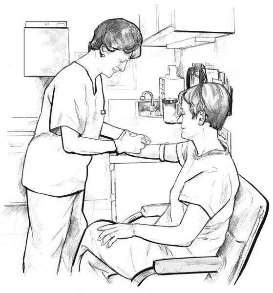 Drawing of female health professional standing and drawing blood from seated female patient's arm.