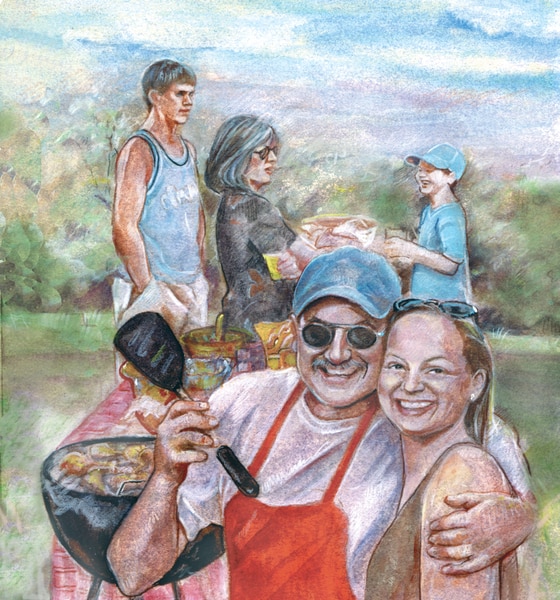 Drawing of people at a picnic. A man and a woman are standing in front of a barbeque grill and food table. The man and woman are smiling and the man is holding a spatula and has one arm around the woman. A woman, a young boy, and a teenage boy are standin