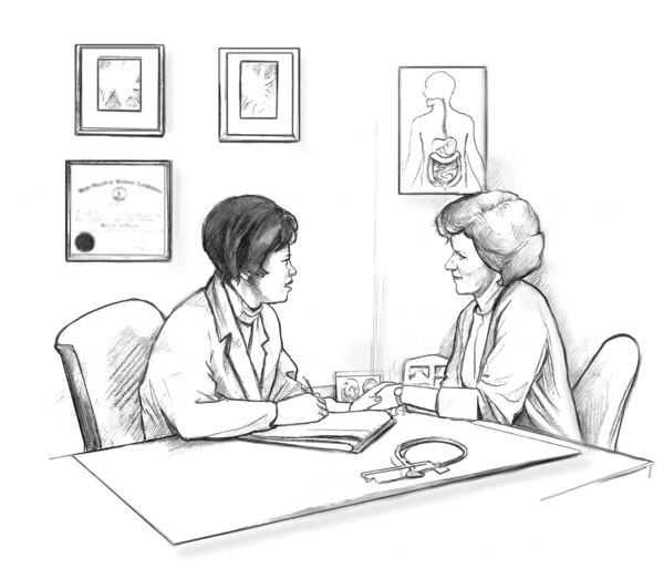 Drawing of a female physician and a female patient sitting at a table and talking. The physician's hand is placed over the patient's hand.