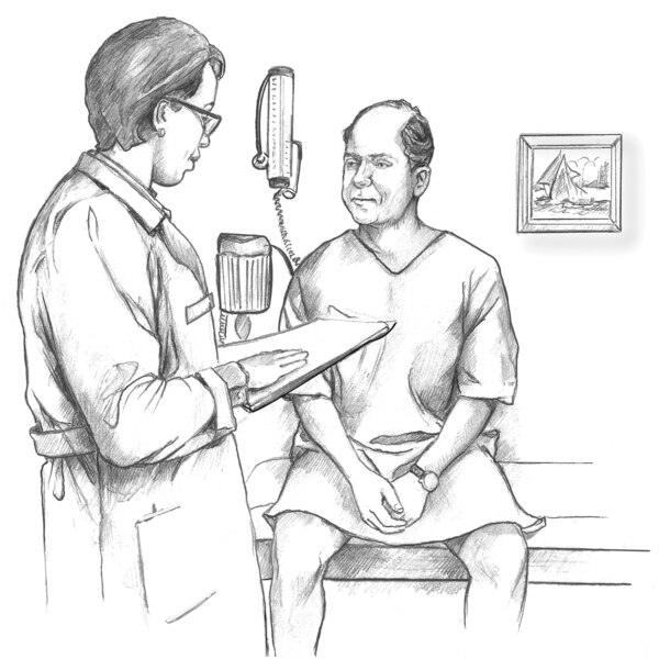 Drawing of a male patient sitting on an exam table talking to a health care provider.