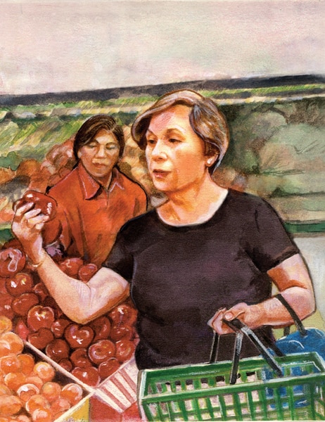Drawing of a woman holding and looking at an apple in the produce section of a supermarket. Another woman and more produce can be seen in the background.