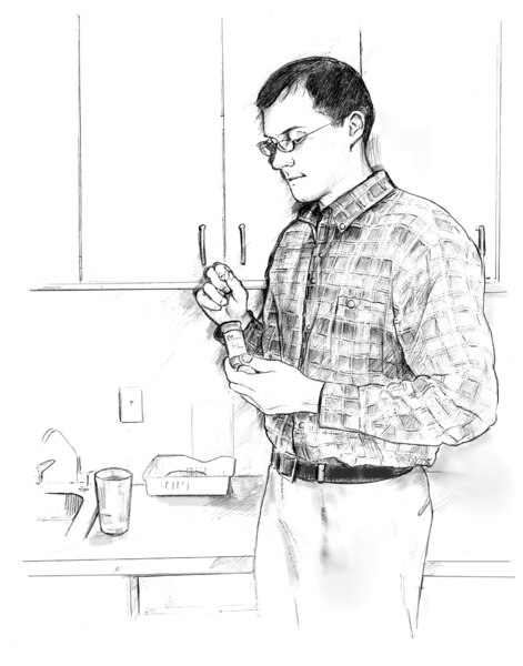 Drawing of a man taking a pill out of a medicine bottle.