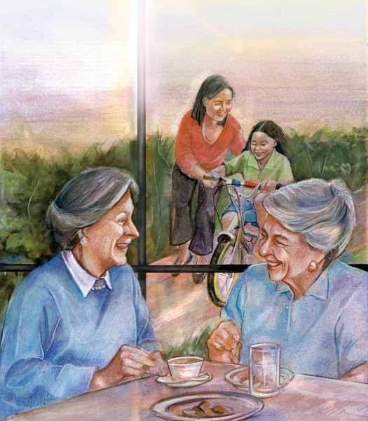 Color illustration of two older women having tea, seated at a table. In background, seen through a window, a mother helps her daughter learn to ride a bike.