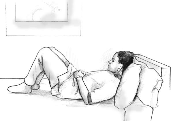 Drawing of woman doing pelvic muscle exercises on a bed.