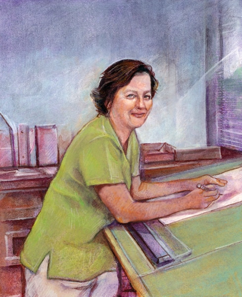 Color drawing of a smiling woman working at a drawing table.