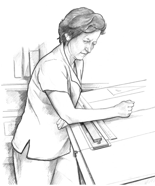 Line drawing of a middle-aged, frowning woman working at a drawing table.