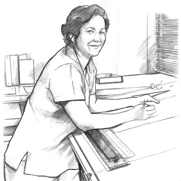 Drawing of a smiling middle-aged woman working at a drawing table.
