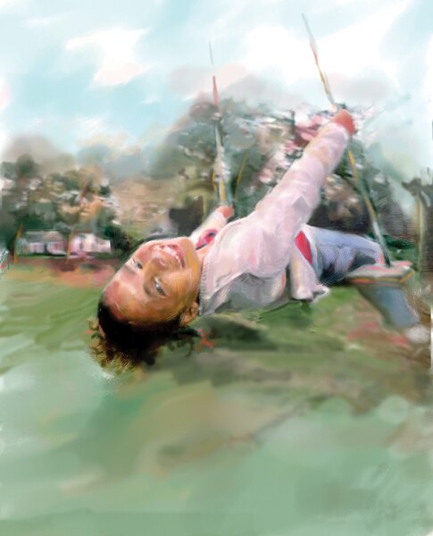 Drawing of a young African American girl leaning back and smiling as she swings on a swing.