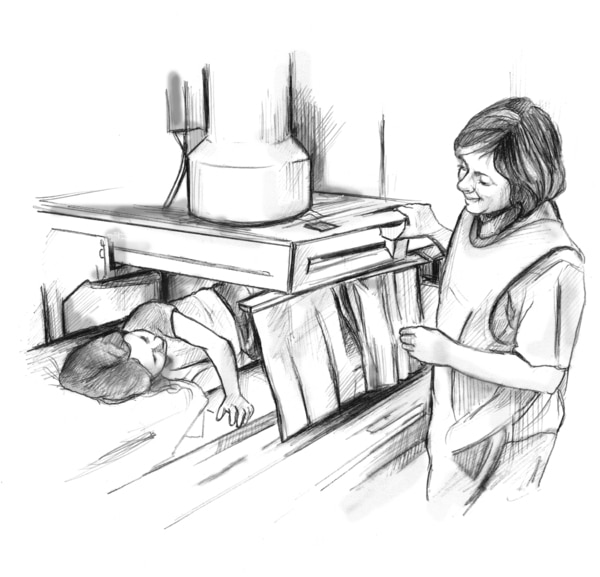 Drawing of a young girl lying on a table beneath x-ray equipment. A short curtain provides privacy for the girl. A female health care worker is talking with the girl.