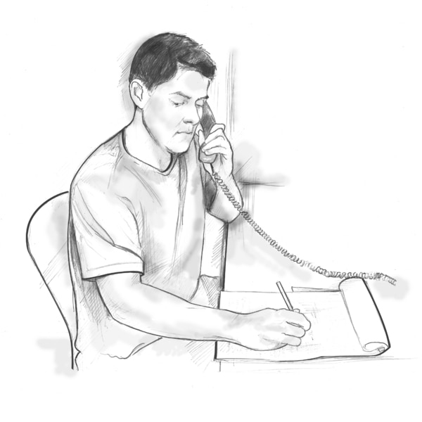 Drawing of a man sitting at a desk talking on the phone and taking notes.