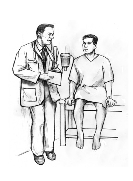 Drawing of a doctor talking with a male patient in an exam room.