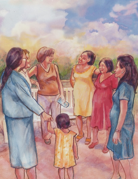 Drawing of a group of pregnant women standing outside and talking.