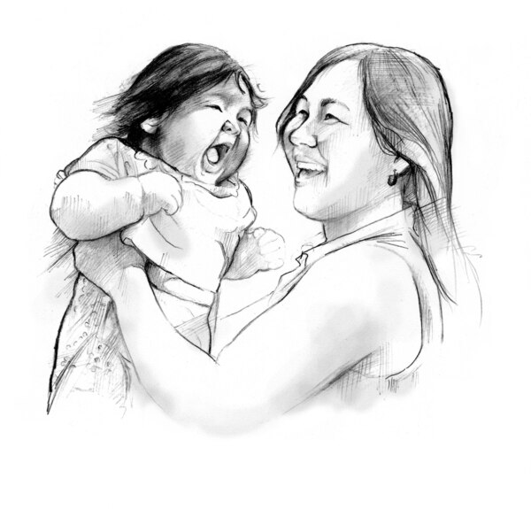 Drawing of a smiling mother, holding her happy baby.