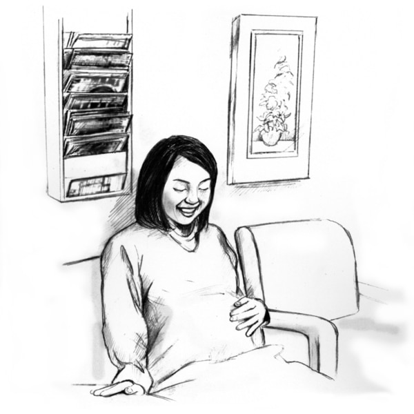 Drawing of a smiling pregnant woman sitting in her doctor’s waiting room.