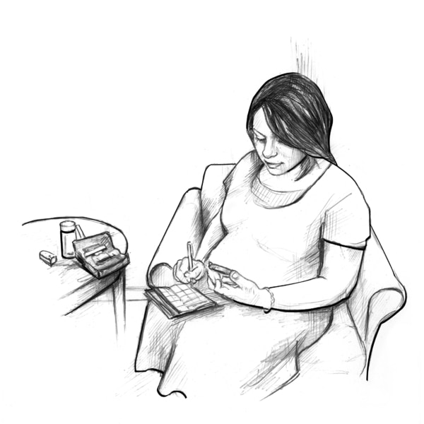 Drawing of a pregnant woman looking at her blood glucose meter and recording her blood glucose level in a record book.