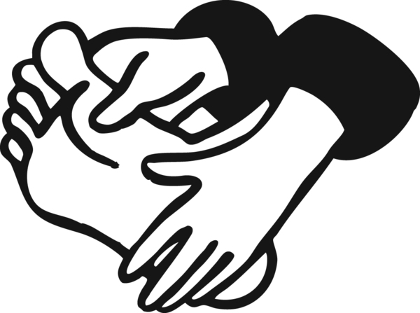 Ilustración de dos manos agarrando un pie descalzo.