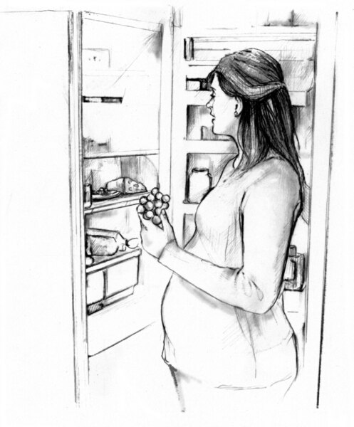 Drawing of a pregnant woman standing at her open refrigerator. She is holding grapes and looking inside the refrigerator at other healthy food.