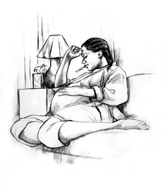 Drawing of a pregnant woman resting on a sofa. She is taking her temperature with a thermometer in her mouth. There is a box of tissues on the table next to her.