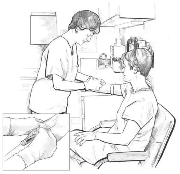 Ilustración de una profesional de la salud sacando sangre del brazo de un hombre. Se incluye una toma agrandada de la imagen.