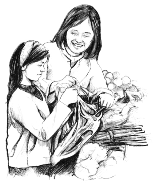 Ilustración de una mujer y su hija haciendo compras de mercado.