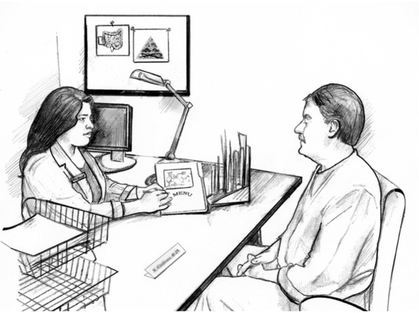 Ilustración de una dietista hablando con su paciente.