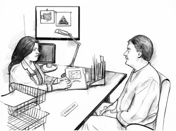 Ilustración de una dietista hablando con su paciente.