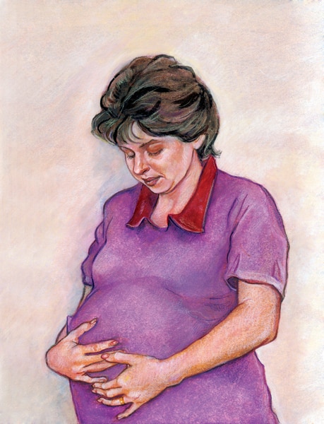 Ilustración de una mujer embarazada mirando hacia abajo y agarrando la barriga.