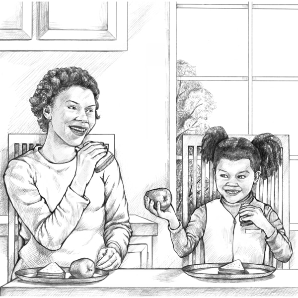 Ilustración de una madre con su hija joven comiendo emparedados y fruta.