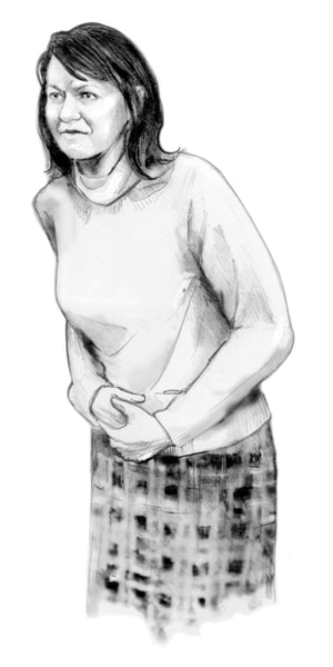 Ilustración de una mujer angustiada que está apretándose el estomago.