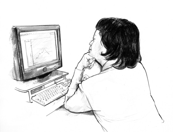 Drawing of a woman sitting at a desk and looking at a chart of glucose levels on a computer screen.