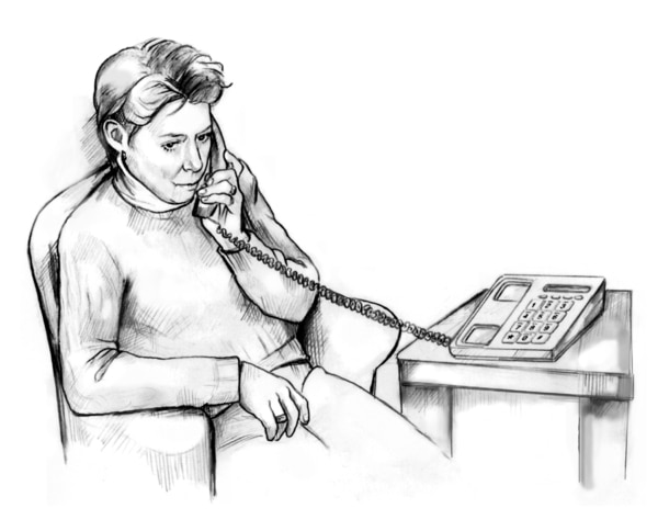 Ilustración de una mujer sentada en una silla hablando por el teléfono.