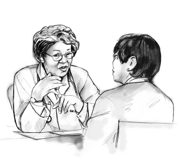 Drawing of a female doctor talking with a female patient. They are sitting across from each other at a table.