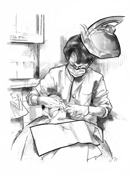 Drawing of a female dentist examining a male patient’s teeth.