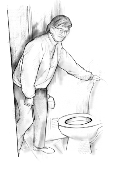 Drawing of an older woman standing in front of the toilet. She is slightly bent over and is lifting the lid on the toilet.
