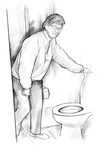 Drawing of an older woman standing in front of the toilet. She is slightly bent over and is lifting the lid on the toilet.