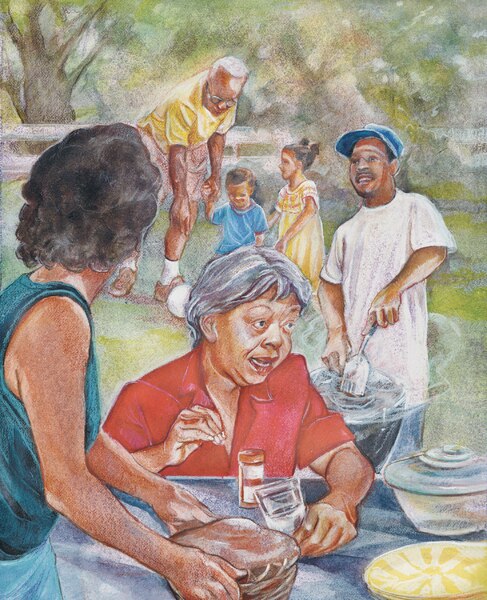 Drawing of a family having a picnic outside. An older woman sits at a table. In front of her are a glass of water and a pill container. A woman is placing a dish on the table. A man is cooking food on a grill. Nearby, an older man is playing with two children.