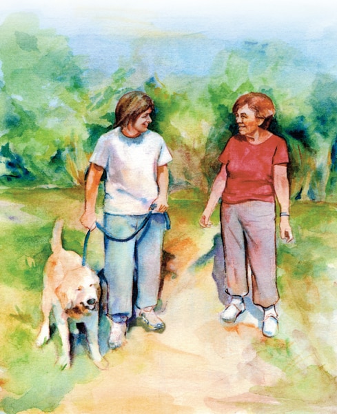 Drawing of two women walking with a dog.