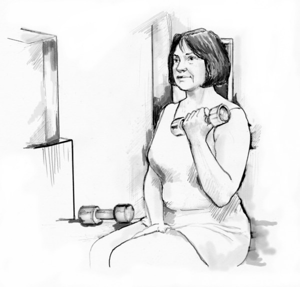 Drawing of a woman lifting a weight for exercise.