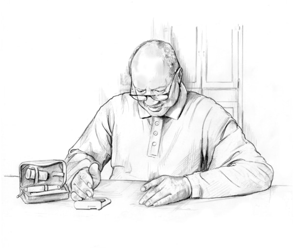 Drawing of an older man testing his blood glucose level with a blood glucose meter. He is seated at a table. The meter is on a table in front of him.