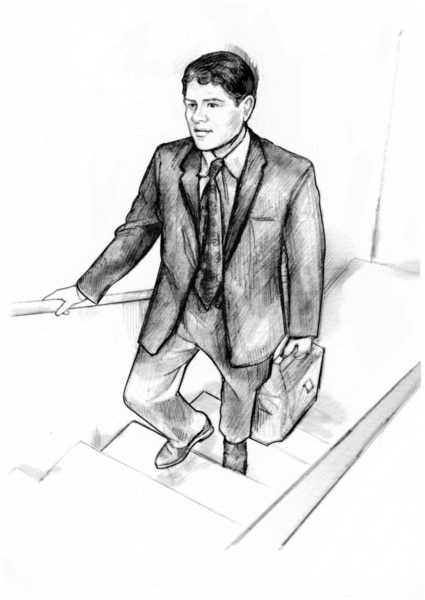 Drawing of a man in a suit carrying a briefcase who is walking up a flight of stairs.