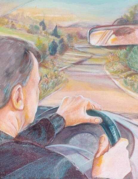 Drawing of a man behind the wheel of a car and driving down a road.
