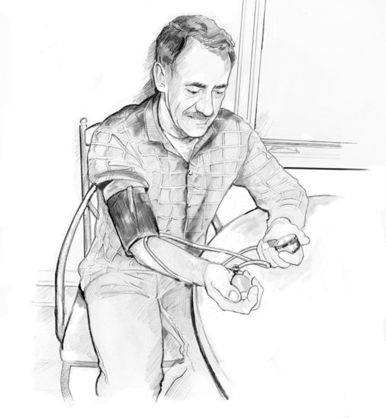 Drawing of a man sitting at a table and checking his blood pressure.