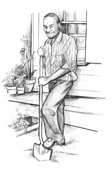 Ilustración de un hombre trabajando en el jardín. Esta pisando con su pie izquierdo la base de la pala y excavando la tierra.