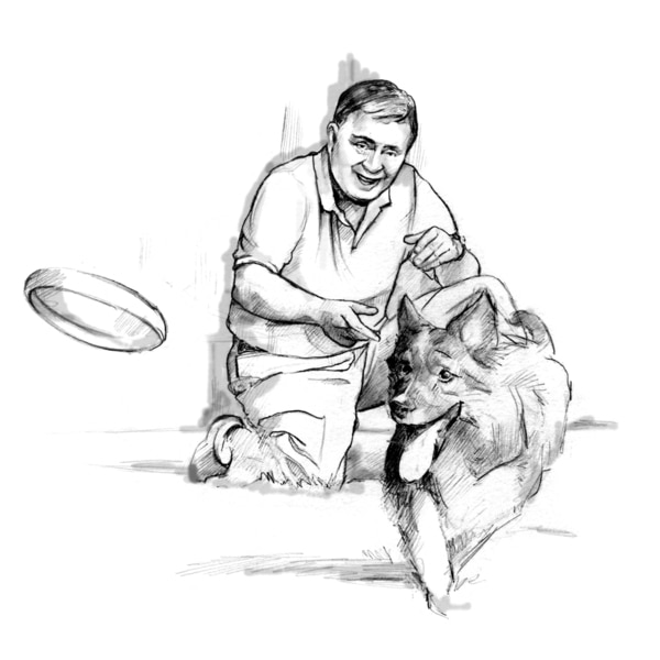Drawing of a man playing with a dog outside. The dog is chasing a Frisbee.
