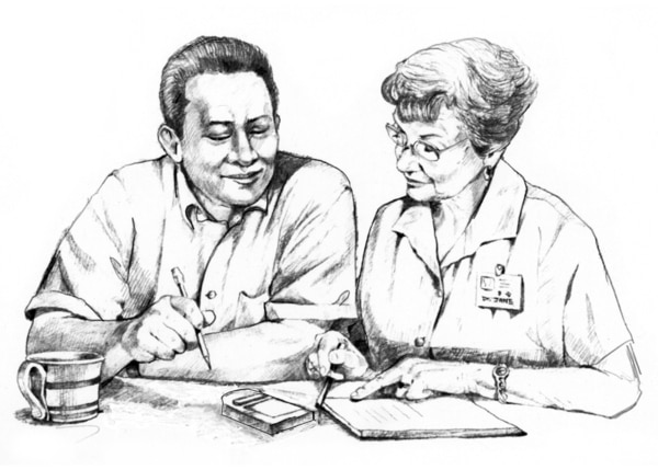 Drawing of a male patient talking with a female health care provider. On the table in front of them are a blood glucose meter, a booklet, and a coffee cup.