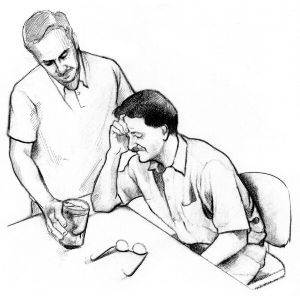 Drawing of a man offering a glass of juice to a man sitting at a table who looks ill and has his head resting in his right hand.