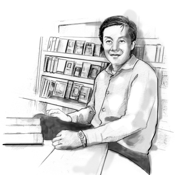 Drawing of a man sitting at a table in a bookstore.