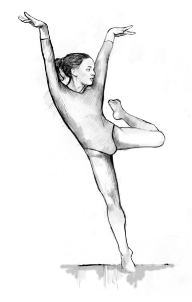 Drawing of a girl in a leotard standing on one foot on a balance beam.